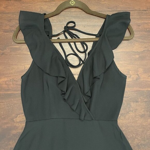 Lulus Black Sleeveless Ruffled Skater Sz Small Little Black Dress Wrap Tie Back - Picture 2 of 12